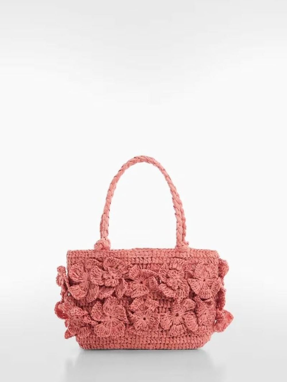 MANGO Woven Floral Crochet Tote Bag in Dusty Rose